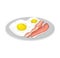 Two fried eggs with yolk and strips of bacon on a plate. Breakfast food vector illustration. Healthy morning meal with