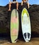 Two friend surfer sitting on rock