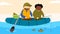 Two friends fishing on a boat. Vector illustration