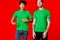 two friends green t-shirts fashion casual clothing studio