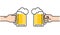 Two friends holding beer glasses with foam cheering, beer in hands toasting, concept of cheering party, flat line art