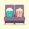 Two friends soda and pop corn in the cinema. Comic vector illustration