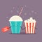 Two friends soda and pop corn. Comic vector illustration