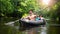 Two friends swim in kayak on wild jungle river.