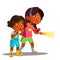 Two Frightened Indian Girls Shine With Flashlight Vector. Isolated Illustration