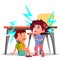 Two Frightened Kids Sitting Under The Table During Earthquake Vector. Isolated Illustration