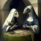 Two frightening lizards dressed as nuns are sitting at a table on which ancient scrolls and magical objects are lying