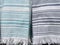 Two Fringed Dish Towels Hanging In Teal Blue and Black