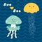 Two funny amusing sea jellyfish or medusa characters on blue wavy background