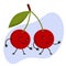 Two funny berries on a twig go near and smile. Cartoon character cherry with arms and legs.