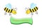 Two funny cartoon bees hold a poster with the inscription Sweet honey in their paws. Vector on a white background