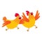 Two funny cartoon orange chickens, hens rushing, hurrying somewhere