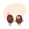 Two funny coffee bean characters, showing love, arms akimbo