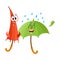 Two funny, happy umbrella characters, open and closed, under rain