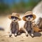 Two funny meerkats in straw hats and sunglasses are relaxing on a sandy sea beach