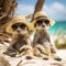 Two funny meerkats in straw hats and sunglasses are relaxing on a sandy sea beach