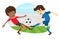 Two funny men soccer player playing football competition fighting for a ball