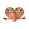 Two funny owls on a branch in the shape of a heart