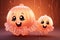 Two funny smiling fantasy jellyfish with big eyes, peach fuzz colors solid background, abstract 3d