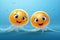 Two funny smiling fantasy jellyfish on blue solid background, colorful abstract 3d