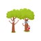 Two funny tree characters, in glasses holding book, raising branches