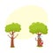 Two funny tree characters, in glasses holding book, raising branches