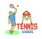 Two funny vector doodle characters playing tennis isolated on white background, Design for tennis academy, school, courses.