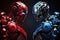 Two futuristic robots engage in conversation, one blue and one red, Generative Ai