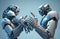 two futuristic robots shaking hands isolated on gray background