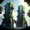 Two futuristic towers with a skybridge covered in lush foliage, digital art. Generative AI