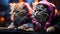 Two Gaming Cats with Pink Hoodies and Gaming Headsets at Computer Desk AI Generated