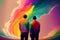 Two gay men gazing at a rainbow, symbolizing the promise of love and acceptance, generative ai. The bright hues and