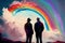 Two gay men gazing at a rainbow, symbolizing the promise of love and acceptance, generative ai. The bright hues and