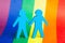 Two GAY men holding hands. LGBT background rainbow flag.