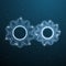 Two Gears low poly industrial machine. Cog polygonal concept whith line and dots. Blue wireframe gear business solution