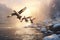 Two geese flying over a frozen river at sunset. 3d rendering, Flock of wild ducks flying over frozen river. Wildlife in winter