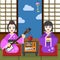 Two Geisha with tea cup and shamisen tea ceremony