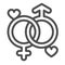 Two gender signs with hearts, unity line icon, dating concept, male and female symbol vector sign on white background