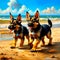 Two German Shepherd puppies are running along the seashore. The design is in the style of classical oil painting
