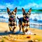 Two German Shepherd puppies are running along the seashore. The design is in the style of classical oil painting