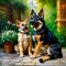 Two German Shepherds, an adult and a puppy, in the style of classical oil painting. They are sitting in the courtyard among the