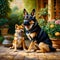 Two German Shepherds, an adult and a puppy, in the style of classical oil painting. They are sitting in the courtyard among the