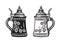Two German stein beer mugs. Black and white. Hand drawn vector illustration on white backgraund. Brewery, beer festival