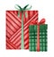 Two gift boxes with bows, covered with decorative paper. Red and green boxes. Christmas presents. hand-drawn watercolor