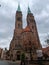 The two gigantic towers of St. Sebald Sebalduskirche church in Nuremberg Germany