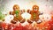 Two gingerbread men with christmas background, flat lay. Tradition of Happy Christmas. Joyful celebrations with festive joy and