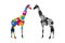 Two giraffes standing face to face. Colorful and gray Safari animals.