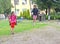 Two girlfriends swing on a swing. Playground