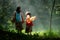 Two girls Asian women with traditional clothing stand in the rainforest.