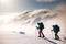 two girls with a backpack and snowshoes walk in the snow during a snow storm